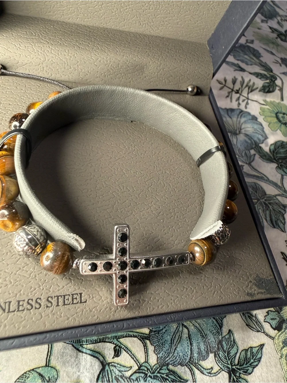 1913 Men’s Stainless Steel Crystal Cross & Tiger's Eye Bead Bracelet In Box